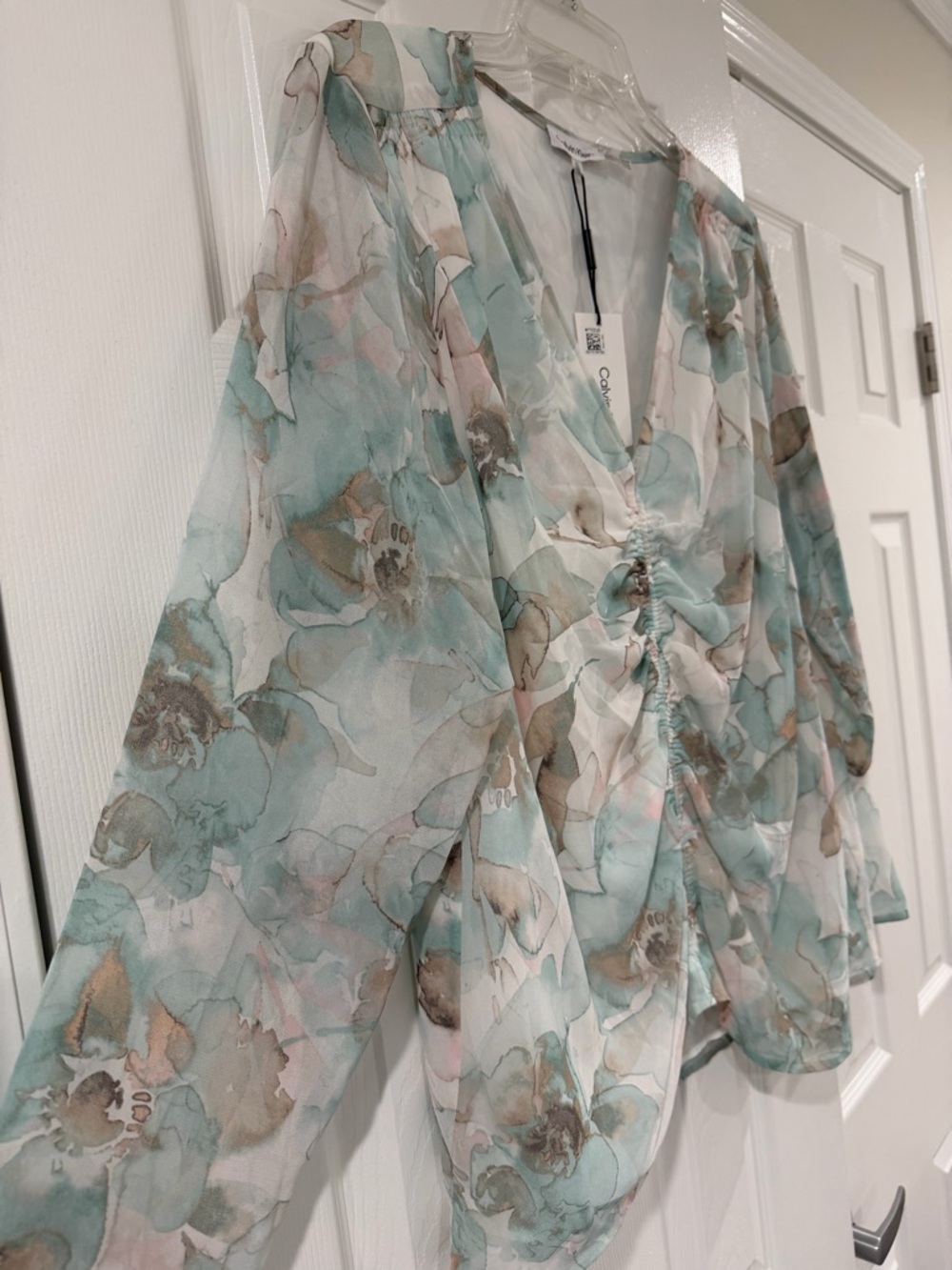 Calvin Klein Sheer Aqua Floral Ruched V-Neck Blouse - Picture 4 of 7